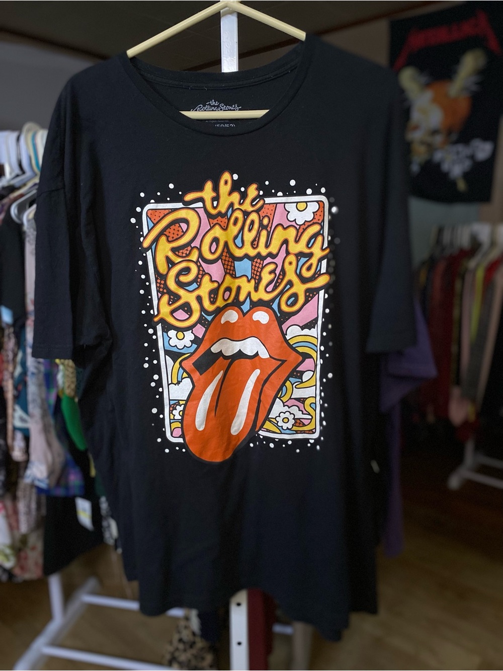 The Rolling Stones Black Tee with Red Tongue and Yellow Script - Floral